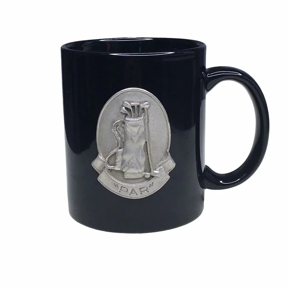 Golf Coffee Cup Mug Black 3-D Embossed Pewter‎ Emblem Golfer Dad Gift